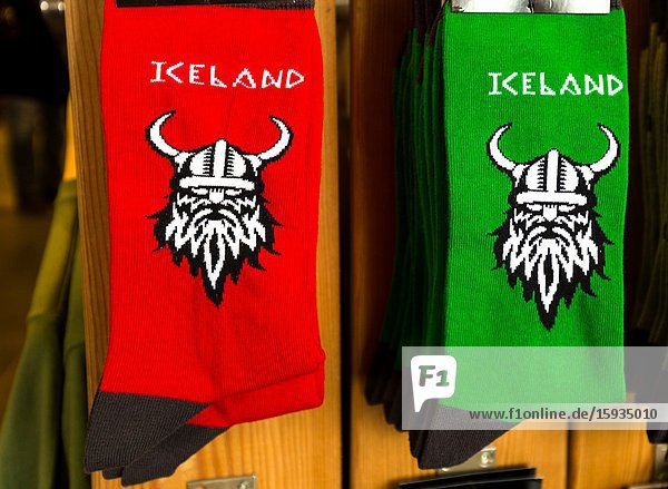 New socks on display. Icelandic gift shop Iceland.