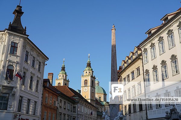 Ljubljana Cathedral and Robba Fountain at Town Square, Ljubljana, Slovenia, Europe