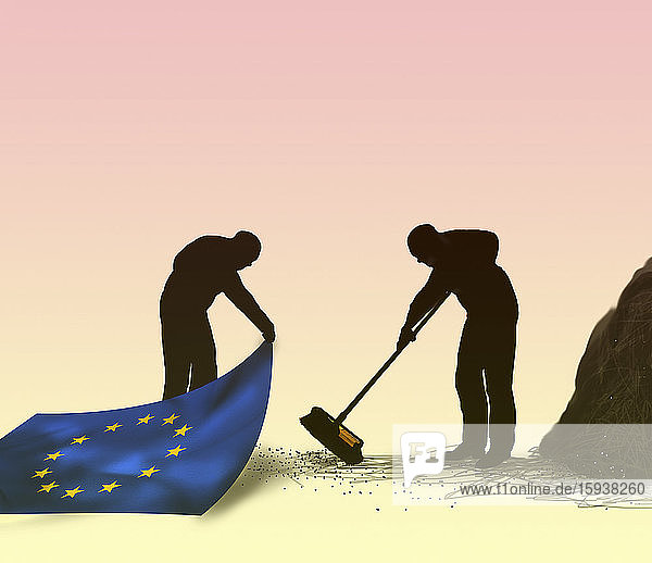 Mann kehrt Schmutz unter den Teppich der Europäischen Union