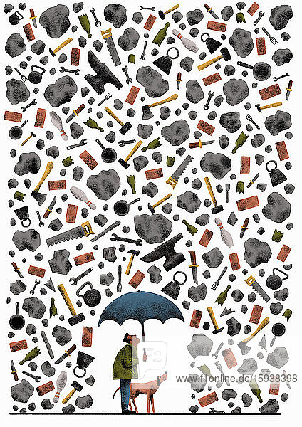Mann und Hund schützen sich unter einem Regenschirm vor den vielen schweren Gegenständen  die herunterregnen