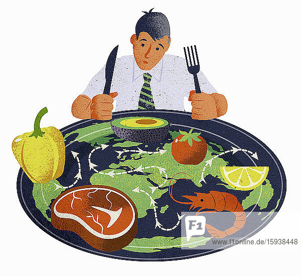 Mann mit Teller mit Speisen aus aller Welt