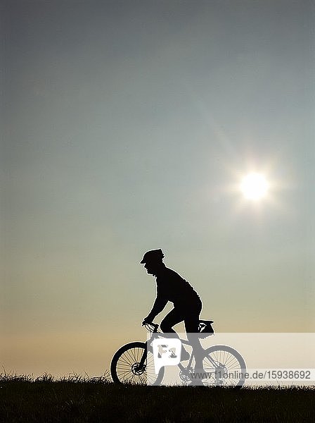 Cyclist on bike tour with mountain bike  silhouette against the light  Salzkammergut  Upper Austria  Austria  Europe