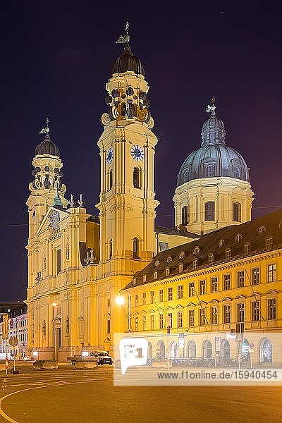 Illuminated Theatine Church  night scene  Odeonsplatz  Munich  Bavaria  Germany  Europe