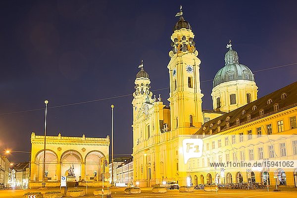 Illuminated Feldherrenhalle and Theatine Church  night scene  Odeonsplatz  Munich  Bavaria  Germany  Europe
