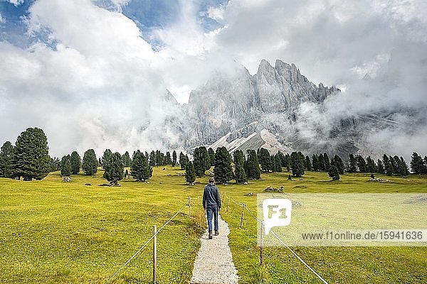 Wanderer auf Wanderweg bei der Gschnagenhardt Alm  wolkenverhangene Geislerspitzen  Geislergruppe mit Sass Rigais  Villnösstal  Dolomiten  Südtirol  Italien  Europa