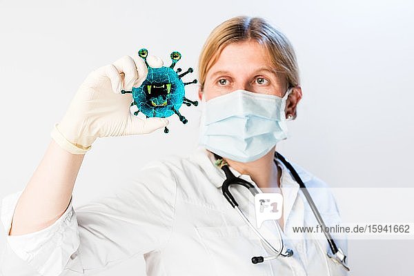 FOTOMONTAGE  Ärztin hält Virus in der Hand  Symbolbild Coronavirus  Österreich  Europa