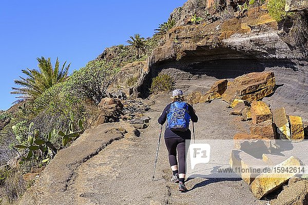 Frau wandert auf felsigem Wanderweg  Alto de Tacalcuse  bei San Sebastian  La Gomera  Kanaren  Spanien  Europa