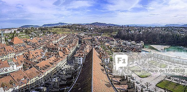 View from Bern Cathedral to the red tiled roofs of the houses in the historic centre of the old town  city view with surrounding countryside  Inner City  Bern  Switzerland  Europe