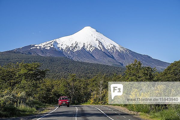 Car on the road to Osorno Volcano  Vicente Perez Rosales National Park  Region de los Lagos  Chile  South America