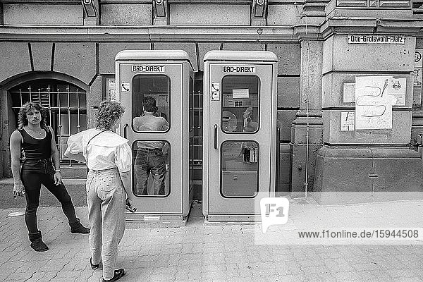 Days in front of the monetary union  telephone booths with direct connection to the FRG  Plauen  Saxony  GDR