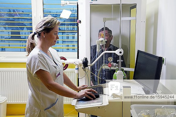 Spirometry  test of lung function  nurse examines a patient  Karlovy Vary  Czech Republic  Europe