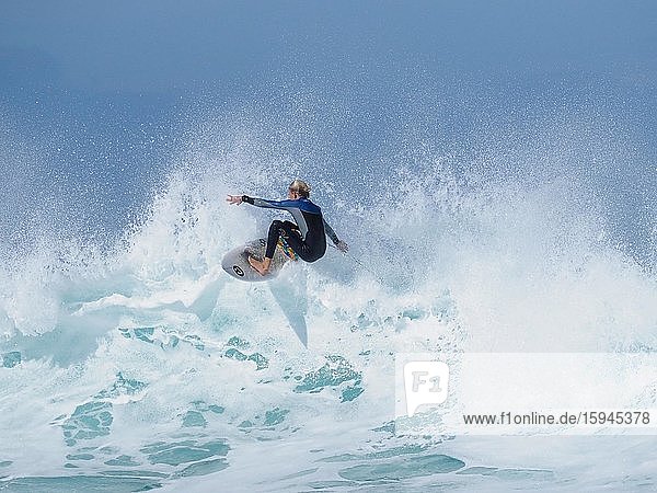 Surfer on surfboard on foam crown of a wave  Atlantic  Fuerteventura  Canary Islands  Spain  Europe