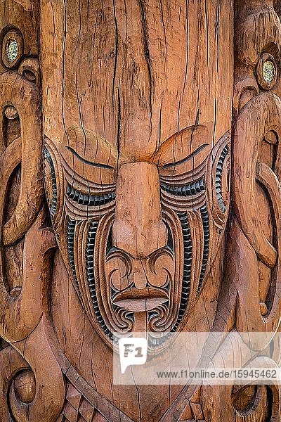 Gesicht  geschnitzte Maske  Schnitzkunst der Maori  Te Puia  Whakarewarewa  Rotorua  Bay of Plenty  Neuseeland  Ozeanien