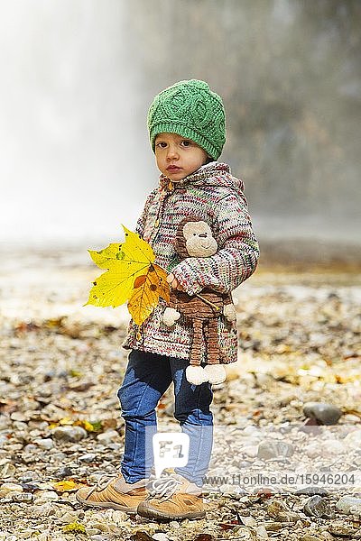 Little girl on an autumn hike with cuddly toy  Austria  Europe