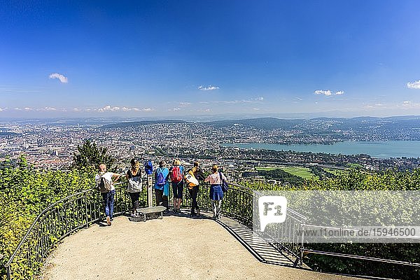 People at the vantage point  Top of Zurich  view from the Uetliberg to the city of Zurich and Lake Zurich  Lake Zurich  Canton Zurich  Switzerland  Europe