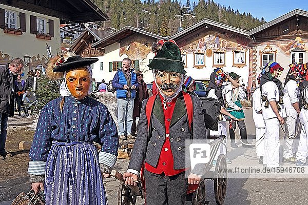 Typical masks in the Maschkera procession at carnival  Mittenwald  Werdenfelser Land  Upper Bavaria  Bavaria  Germany  Europe