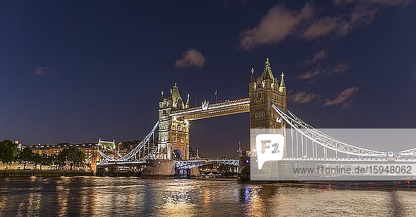 Illuminated Tower Bridge in the evening  London  England  Great Britain