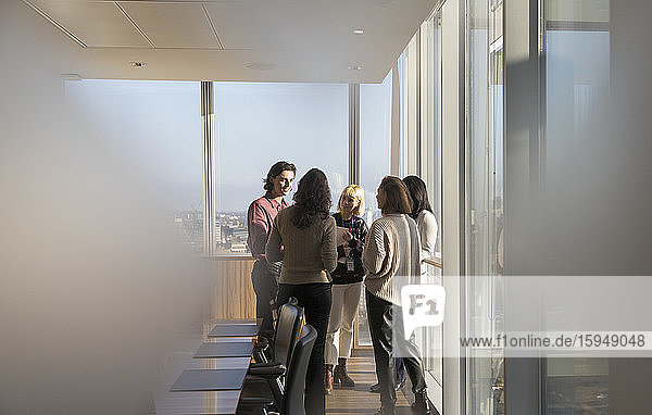 Business people talking at sunny office window