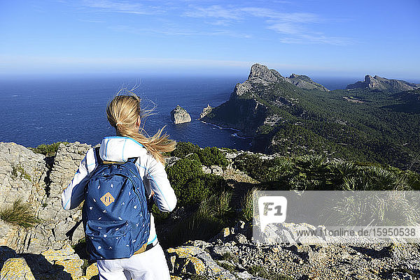 Female hiker enjoying view from Cap Formentor  Balearic Islands  Spain