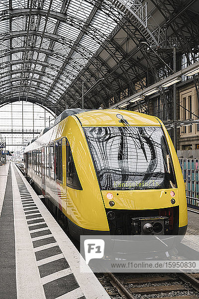 Deutschland  Hessen  Frankfurt  Gelber Zug wartet am Bahnhof