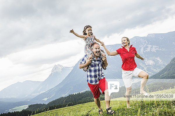 Glückliche Familie läuft auf einer Bergwiese  Achenkirch  Österreich