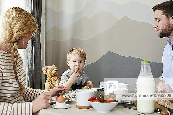 Porträt eines kleinen Jungen beim Frühstück mit seinen Eltern zu Hause