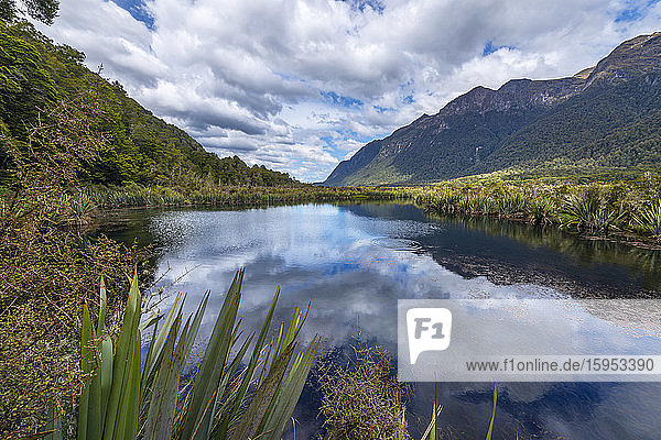 New Zealand  Southland  Te Anau  Scenic view of clouds reflecting in Mirror Lakes