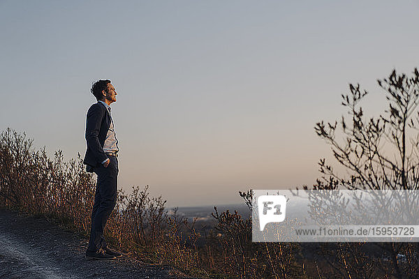 Mature businessman standing on a disused mine tip at sunset looking at view