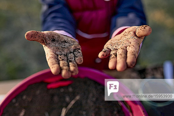 Nahaufnahme eines Mädchens mit ihren schmutzigen Händen von der Gartenarbeit
