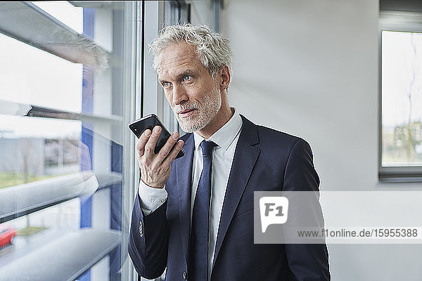 Geschäftsmann mit Handy am Fenster