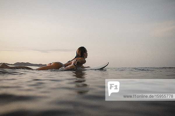 Auf einem Surfbrett liegender weiblicher Surfer  Costa Rica