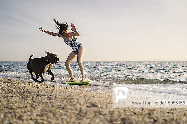 Junger Surfer und Hund am Strand  Almeria  Spanien