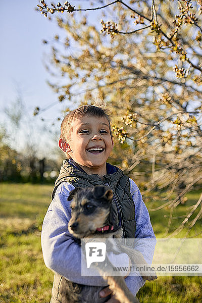 Porträt eines lachenden Jungen mit Hund auf einer Wiese