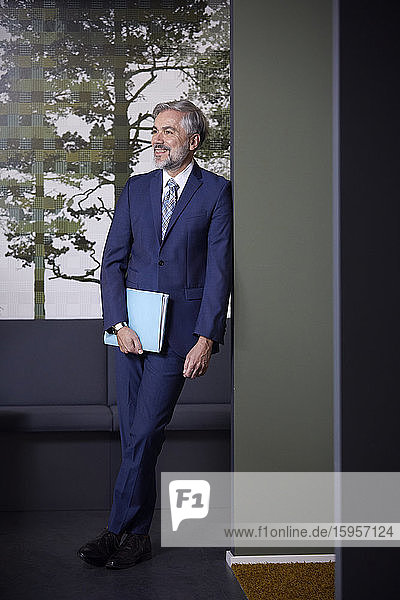 Smiling mature businessman holding folder in office
