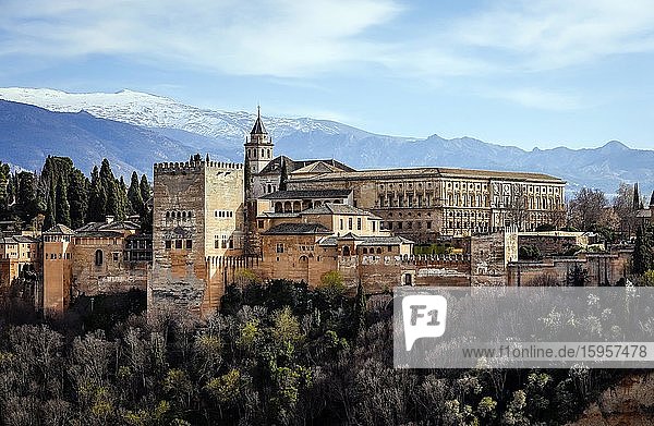 Maurische Stadtburg Alhambra Nasriden-Paläste Palast Karl V. hinten schneebedeckte Sierra Nevada Granada Andalusien Spanien Europa