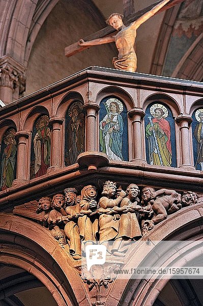 Stone relief of the Damned on the rood screen  Romanesque Church of Our Lady  Gelnhausen  Main-Kinzig district  Hesse  Germany  Europe