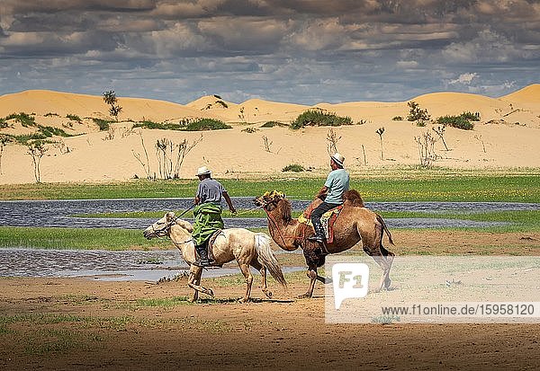 Ein Reiter  der einen Kamelreiter zieht  hinten die Sanddünen  Provinz Bulgan  Mongolei  Asien