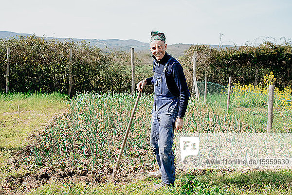Smiling man wearing dungarees and bandana standing in vegetable garden  holding wooden pole.