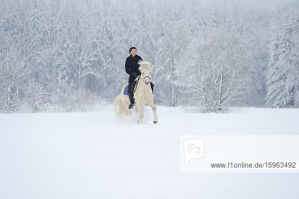 Junge Frau reitet auf Pferd im Schnee