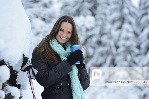 Young woman in snow  Upper Palatinate  Germany  Europe