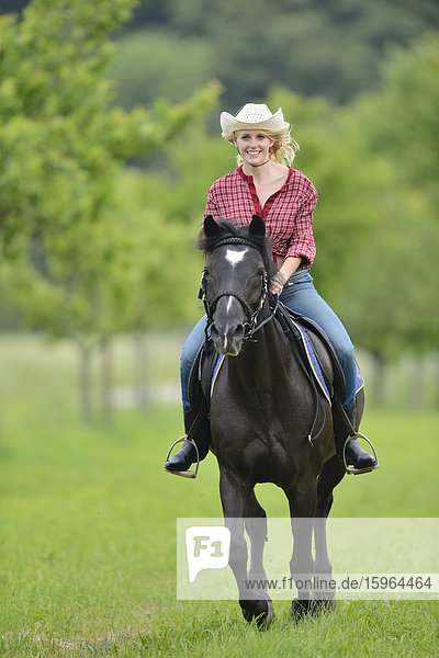 Junge Frau steht reitet auf einem Pferd auf einer Wiese