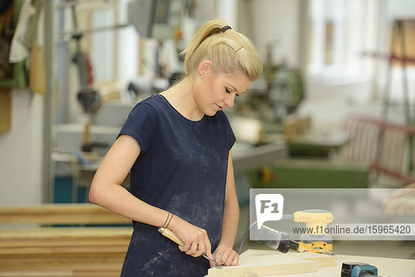 Young woman working in a carpentry