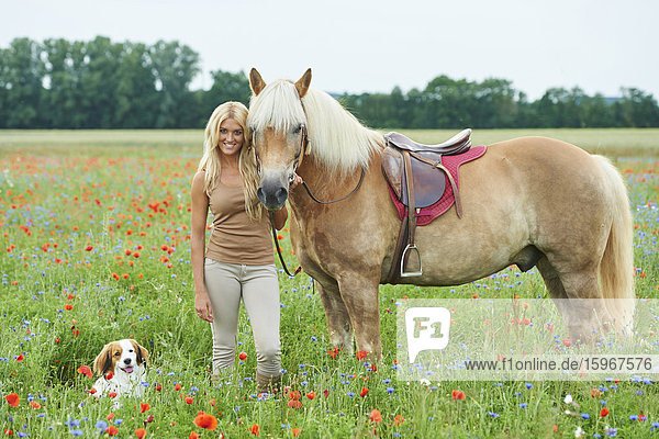 Junge Frau mit Pferd und Hund  Bayern  Deutschland  Europa