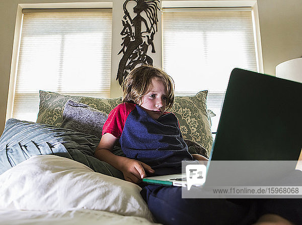 6 year old boy lying in bed looking at laptop