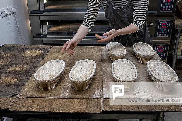 Handwerkliche Bäckerei  die spezielles Sauerteigbrot herstellt  ein Gestell mit Gärkörben voller aufgehender Teige.