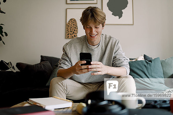 Glücklicher Teenager benutzt Mobiltelefon  während er zu Hause auf dem Sofa sitzt