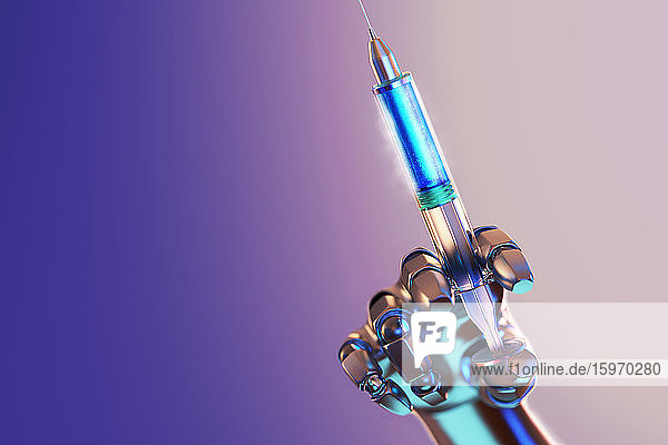 Roboterhand hält Impfstoffspritze COVID-19