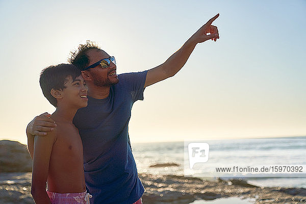 Neugieriger Vater und Sohn zeigen am sonnigen Meeresstrand in den Himmel