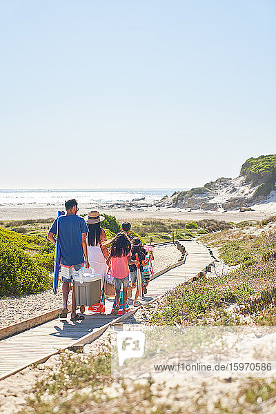 Family walking on sunny beach boardwalk  Cape Town  South Africa