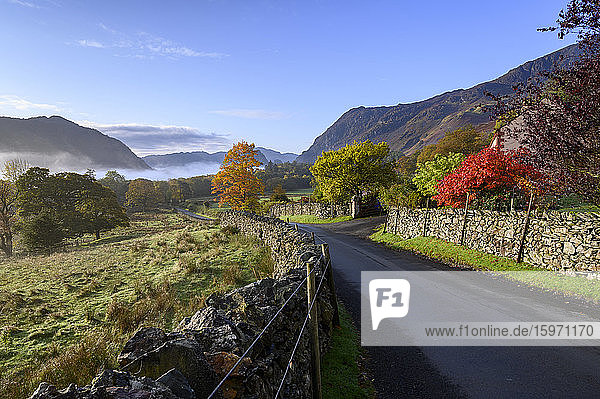 Herbstliche Szene in Borrowdale  Lake-District-Nationalpark  UNESCO-Weltkulturerbe  Cumbria  England  Vereinigtes Königreich  Europa